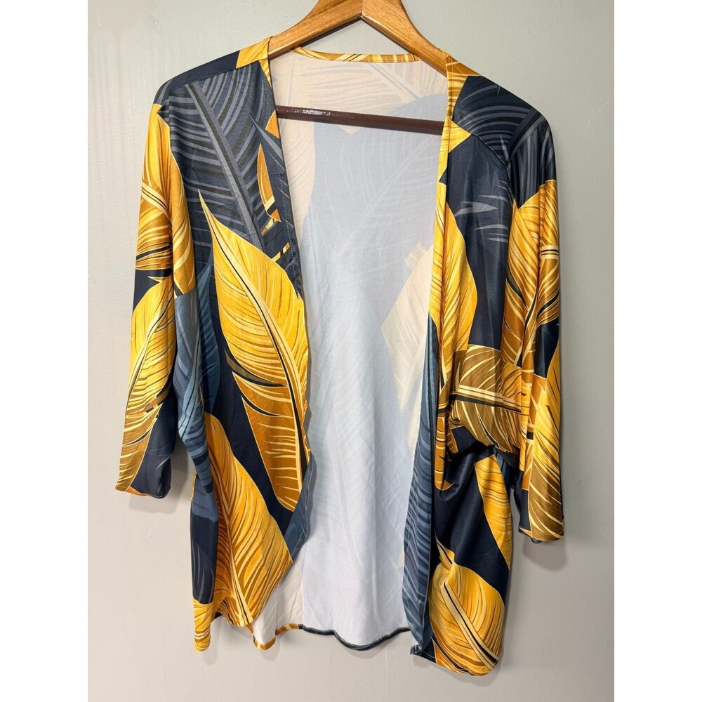 Women's Plus Size 1XL Tropical Leaf Open Front Kimono Cardigan Yellow Blue